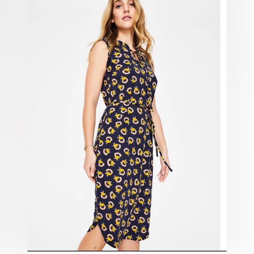 Boden Women's Dress Size 10 Lois Jersey Midi Ruffle Sundress Belted Navy Print
